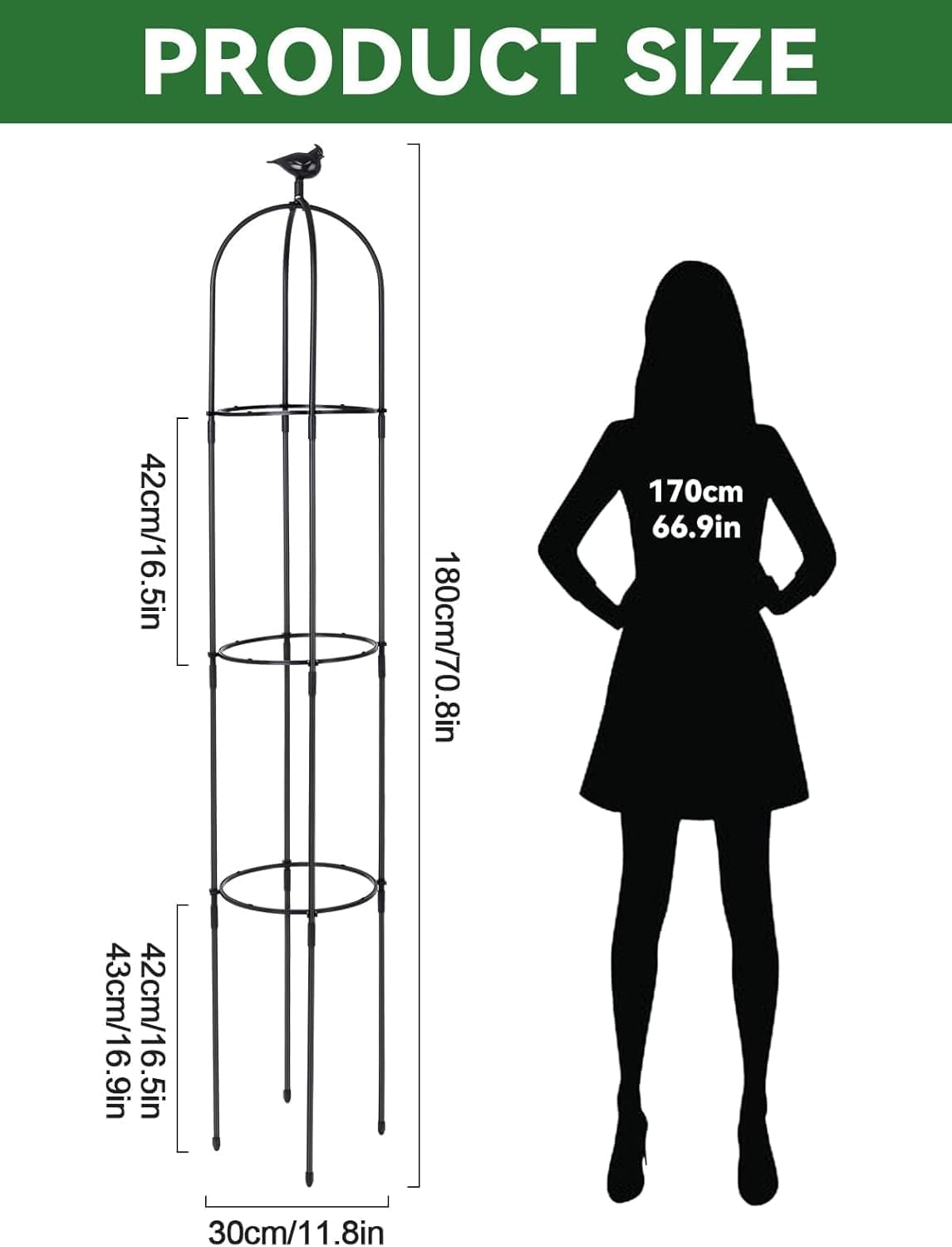 TOROKOM Obelisco de Jardín,183 cm Soporte Metálico Antioxidante para Plantas Trepadoras, Torre de Obelisco Resistente para Flores, Rosas, Enredaderas, Uso Interior y Exterior(Negro)