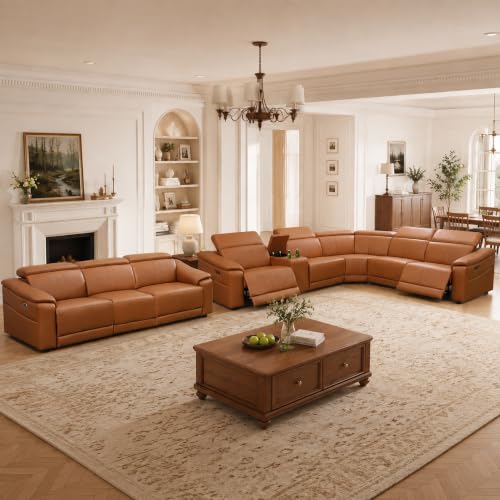 Image of Power Recliner Sectional Sofa, L-Shaped Living Room Furniture Set, Reclining Sectional Couch with Storage Console /Cup Holder for Living Room /House /Apt (Light Brown, Sectional+Sofa)