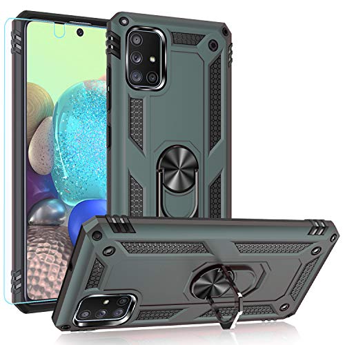 Samsung A71 5G Case,PUSHIMEI Military Grade Heavy Duty Protection Phone Case Cover with HD Screen Protector Magnetic Ring Kickstand for Samsung Galaxy A71 5G (Dark Green Military Case)