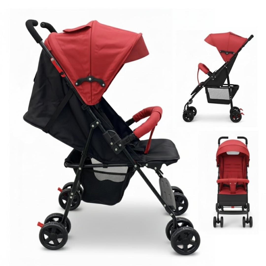 OBABY Stroller with Reclining Seat, Adjustable Canopy, Safety Harness, Smooth Wheels, Compact Folding Design (Small-Red)