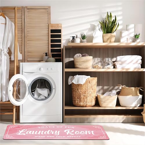 Laundry Room Rug Non Slip Floor mats Farmhouse Large Laundry Rugs for Pink Laundry Runner Room Mat Washer and Dryer Carpet Laundry Room Decor 20x59inch(Pink)