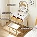 Fkhouse Small Vanity Desk with Mirror and Lights, Wooden Handles with Cushioned Stool, 3 Lighting Modes Round Makeup Table with Upgraded Silent Slides, Compact Vanity for Small Spaces, Natural Oak