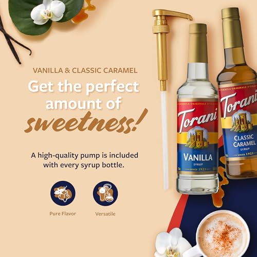 Image of Torani Syrups, Classic Caramel and Vanilla Syrup Variety 2-Pack, Coffee Syrups for Drinks, Pumps Included, 25.4 Fl Oz Ea