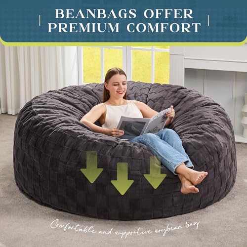 Image of Hobestluk Adults Bean Bag Chair 5FT Big BeanBag Chair Giant Large Oversized | Memory Foam,Washable Cover,Unique Fluffy Plaid,Comfy Bean Bag with Filler Lounging Gaming Bedroom Living Room | Dark Grey 5FT