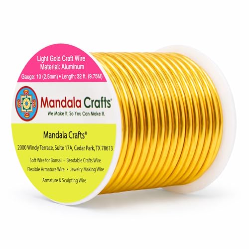 Image of Mandala Crafts 10 Gauge Anodized Aluminum Craft Wire for Jewelry Making - 32 FT Colored Flexible Light Gold Tone Wire - Bendable for Bonsai Armature Crafting Sculpting