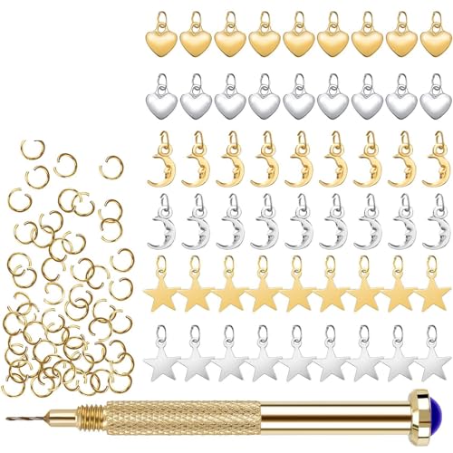 PAGOW 155 PCS Dangle Nail Art Charm, Nail Jewelry Rings with Nail Piercing Tool Hand Drill for Tips, Acrylic, Gels and Decorations
