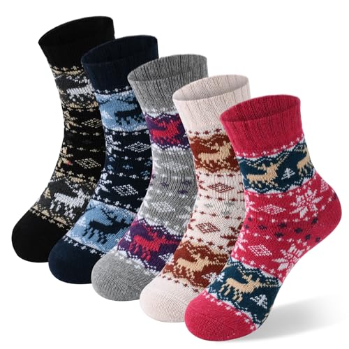 FYC Winter Womens Socks Wool Warm Thick Knit Cozy Crew Casual Vintage Soft Socks for Women Christmas Gifts Socks 5 Pairs