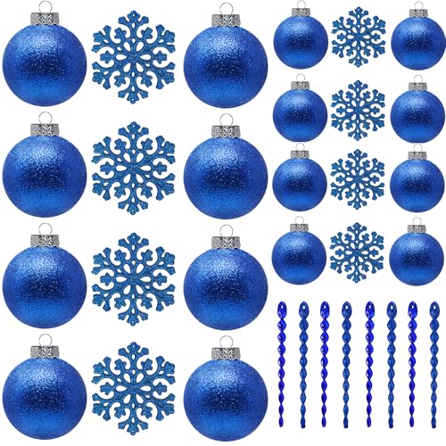 SLEETLY Blue Christmas Ornaments for Farmhouse Tree Holiday Xmas Decorations for Christmas, Shatterproof Plastic 3.15/2.36 Inch Glitter Snow Balls, Icicles and Snowflakes, Ornament Set of 32