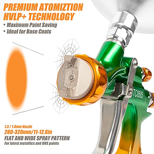 BEETRO HVLP Professional Gravity Feed Air Spray Gun, 280-320mm Wide Spray Pattern 1.3/1.4mm Nozzle with Air Control Valve, 1000ml Capacity 14CFM 29-32psi, 1/4 Adaptor and Filter