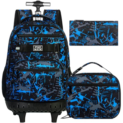 Image of 3Pcs Rolling Backpack for Boys Men, Travel Roller Backpacks with Wheels for Adults, Teens College Graffiti Wheeled Bookbag with Lunch Box(Blue)