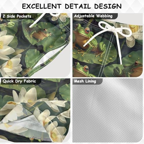 Pigsaly Boys' Swim Board Shorts White Lotus Flowers Watercolor Green Frogs Boy's Swim Trunks Kids Swimwear XS3