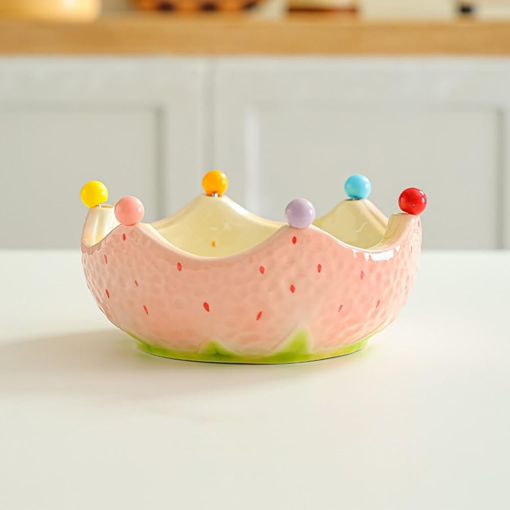 Obstschale Obstschale aus Keramik mit integrierten Gabeln, farbenfrohen, erdbeerförmigen Perlenspießen, Weintrauben und Beeren Obstschalen