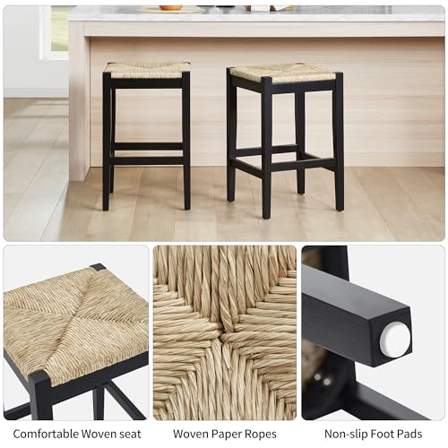 DUHOME Butacos sin respaldo de 26 pulgadas, juego de 4 unidades, tejidos a mano con fibras naturales y patas de madera negra, butacos de mimbre trenzado para isla de cocina, comedor, color negro miniatura 6