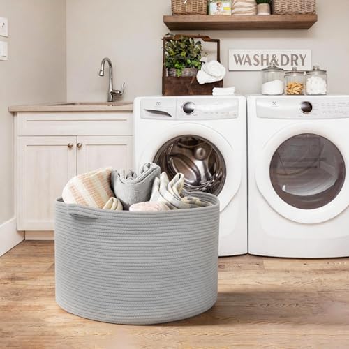 Image of MEGASKET Extra Large Grey Storage Basket, 22 inch X 22 inch X 14 inch XXXL Blanket Basket for Living Room, Gray Wicker Woven Cotton Rope Baskets for Storage, Kids Toy Baskets Bins, Decorative Pillow Towel Basket