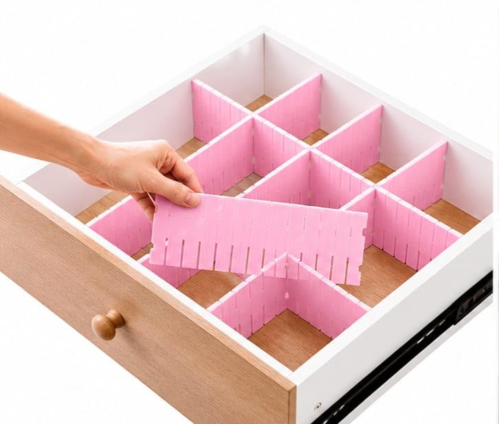 Image of 6 pcs Adjustable Drawer Divider (Length 30 C.M. Width 7 C.M) Drawer Organizer for Makeup, Jewellery & clothes - Interlocking Plastic Separators for Home & Office Use [ pink ]