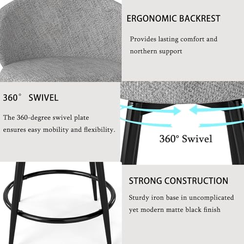 Image of Bar Stools Set of 4, 360 Swivel Breathable Fabric Kitchen Counter Height Stools, 26 inch Upholstered Bar Chair for Kitchen Islands, Restaurant, Grey