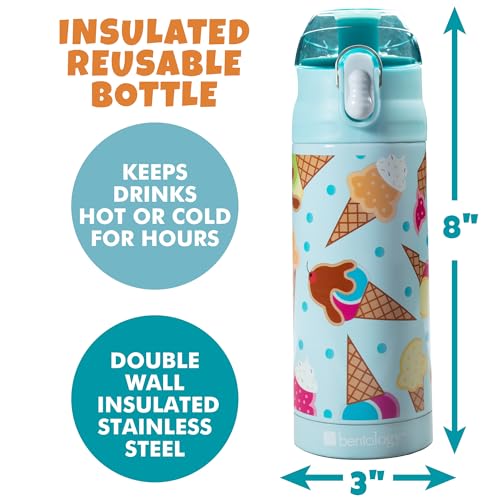 Image of Bentology Stainless Steel 13 Oz Reusable Water Bottle for Kids, Ice Cream | Double Wall Insulated, Spill Proof Lid W /Built-in Straw- Keep Liquids Hot or Cold- Easily Fits in Lunch Boxes & Bags