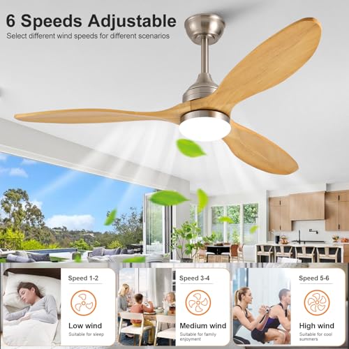 Image of 52 Inch Solid Wood Outdoor Ceiling Fans with Lights and Remote,3 Natural Wood Blades,Dimmable,6 Speed Quiet DC Motor, Indoor Outdoor Ceiling Fan for Patios Bedroom Living Room