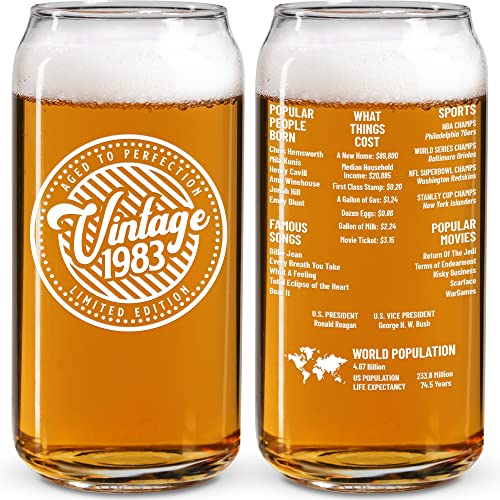 40Th Birthday Gift For Men - Birthday Beer Gifts 20 Ounce 2-Sided Beer Can Glass (1 Count) - Vintage Glass For A 40 Year Old - Funny Glass Gift For His Or Her 40Th Birthday - Anniversary Party (1983) #TOP21