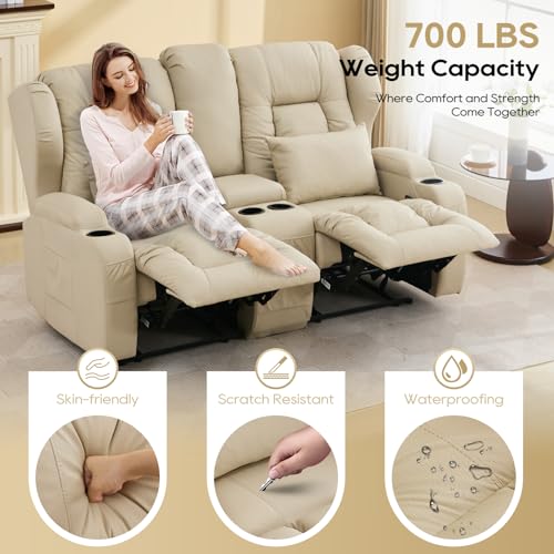 Image of IPKIG 65.3 inch RV Loveseat Recliner Sofa with Storage Console, Leathaire Fabric Wall Hugger Reclining Chair with Cup Holders and Side Pockets, Home Theater Seating Manual Recliner for Living Room (Beige)