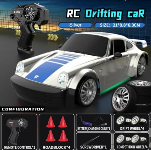 Image of RC Drift Car 4WD High-Speed Remote Control Car with LED Lights 2.4GHz Rechargeable Drift Racing Car with Extra Tires & Cones Toy for kids [Colors as Per Stock] (P-orsce RC Drift -Multicolor)