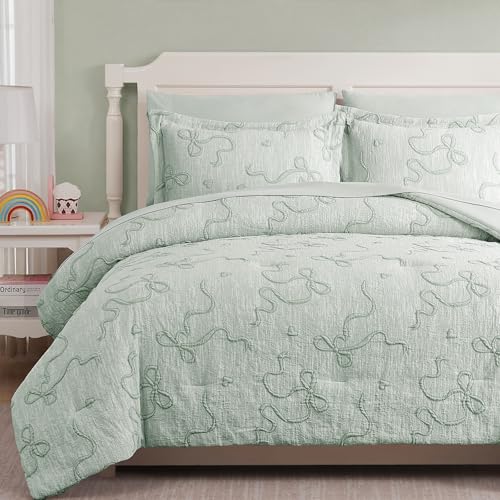 Image of Queen Comforter Set - 7 Pieces Bow Jacquard Bed in a Bag Girls Bedding Set | Cottage Core Bedding Sets, All Season Bed set with Comforter, Sheets, Pillowcases & Shams, Light Green