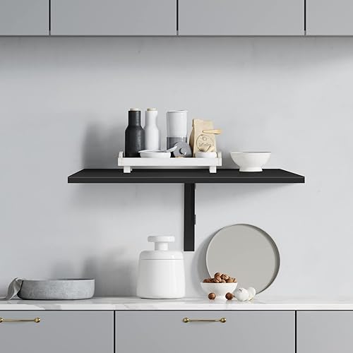 Miniatura 6 de MEDIMALL Escritorio plegable montado en la pared, mesa de trabajo de hojas caídas con tablero grueso y soporte de madera maciza, escritorio colgante