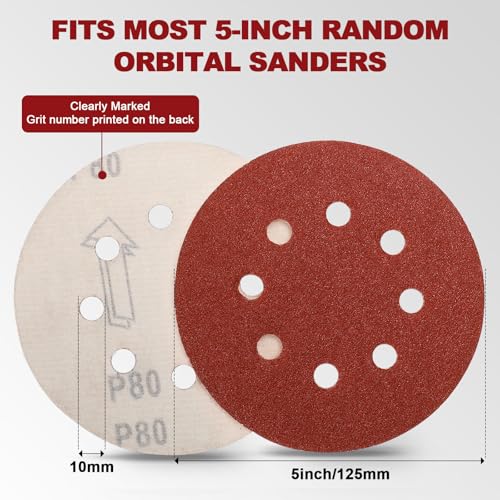 Image of 5 Inch Sanding Discs Hook and Loop, 70 PCS 8 Hole Adhesive Sandpaper, Including 40 /60 /80 /120 /180 /240 /320 Grit for Random Orbital Sander