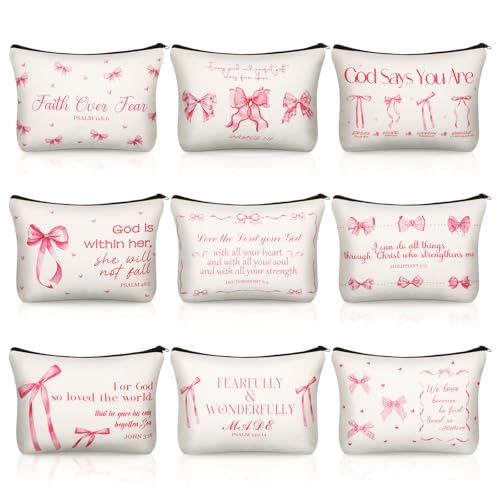 Kacctyen 9 Pcs Pink Bow Bible Verse Makeup Bag for Women Coquette Christian Cosmetic Bag Bulk Preppy Inspirational Christian Gift Scripture Zipper Pouch Religious Faith Based Gifts