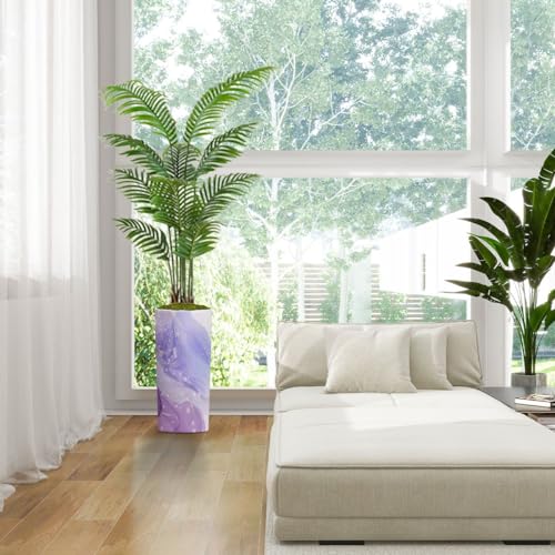 Artificial Palm Tree Indoor with Tall Planter Violet Liquid Watercolor Background Golden Stains Purple Mauve Marble Fake Floor Plant Potted Faux Tropical Palm Plant in Pot Home Decor Outdoor 5.5ft