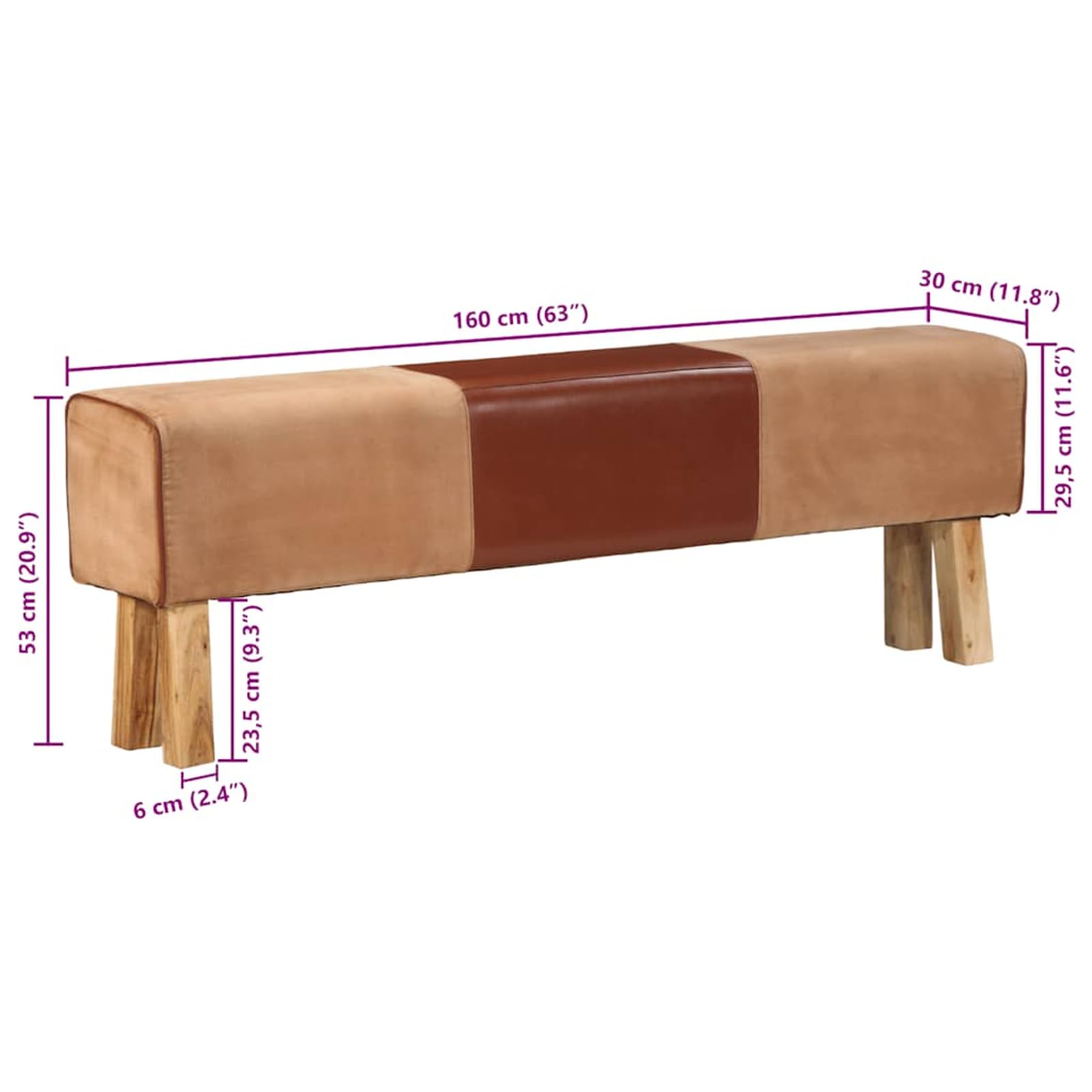 Turnbock-Bank Bank Turnbock Design 160 cm Brązowy Prawdziwa skóra akacja | Powierzchnia siedziska z prawdziwej skóry, masywny stelaż z drewna akacjowego, styl vintage, gruba tapicerka