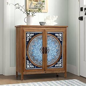 Sophia William 2 Door Accent Cabinet Distressed Storage Cabinet with Blue and White Porcelain Pattern for Entryway Living Room