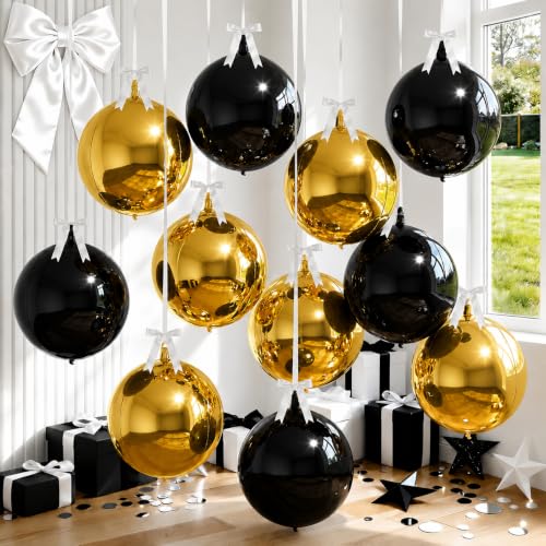 Image of 8 Pcs Black Gold Round Foil Balloons 22 Inch Metallic Gloden Black 4D Ball Balloons Ornament Mylar Balloon Chrome for Birthday Graduation Wedding Anniversary Prom New Year Disco Party Decor