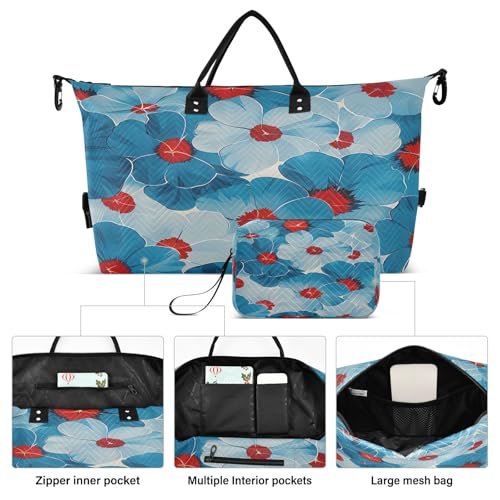 Weekender Bags Travel Duffel Gym Bag Blue and Red Floral Pattern Carry on Overnight Tote Bag with Toiletry Bag for Airplane Travel Trip Gym Yoga2