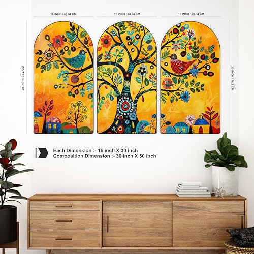 Image of Livin'luxe Set of 3 Folk Art Tree of Life Wall Painting for Living Room, Bedroom, Hotels - Big Size stylish frame 50 inch x 30 inch Wall Art for Home Decoration RPNL-27