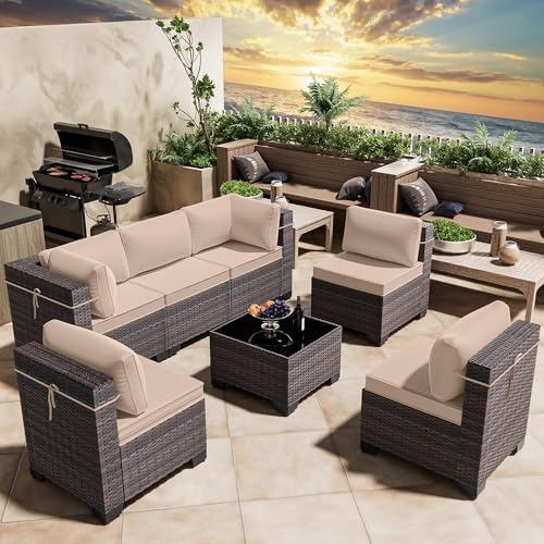 RTDTD 7 Pieces Outdoor Patio Furniture Set,Outdoor Sectional Furniture All Weather PE Rattan Wicker Patio Conversation Set with Coffee Table and 6 Thickened Cushions,Brown