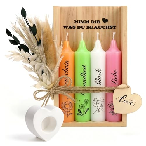 Geschenke für Frauen | Kerzen Geschenk für Freundin Beste Freunde Kerzensatz mit Kerzenhalter Holzkiste Trockene Blumen für Mutter Schwester Oma Geburtstagsgeschenk für Mädchen (Kerzengeschenkbox-1)