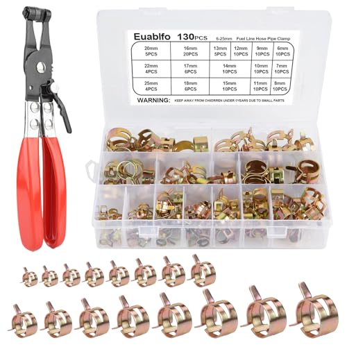 Euablfo 130 Stück Schlauchschellen Set Schlauchschelle mit 16Größen 625 mm Schlauchklemme Edelstahl mit Schlauchklemmzange Verstellbare Ohrschellen für Wasserleitung Haus Gas Rohr Autoleitung