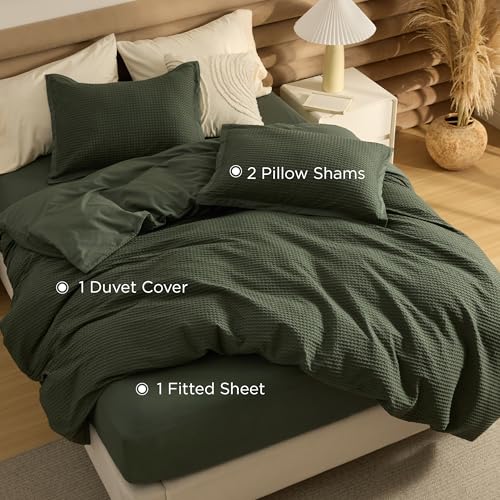 Image of Bedsure Cotton Waffle Duvet Cover Set with Fitted Sheet, King, Olive Green | Waffle Texture, Breathable, Skin-Friendly, OEKO-TEX Certified, Good Housekeeping Seal, All-Season, Machine Washable