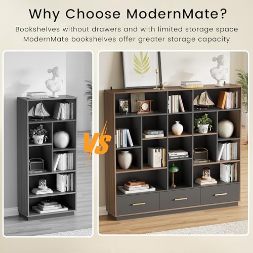 Image of ModernMate 60 inch Wide Bookshelf with 3 Drawers & 16 Open Display Storage