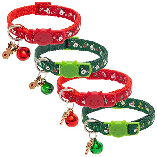 KOOLTAIL Christmas Breakaway Cat Collar with Bell - 4 Pack Safety for Cat&Dog Kitten Collars Red and Green
