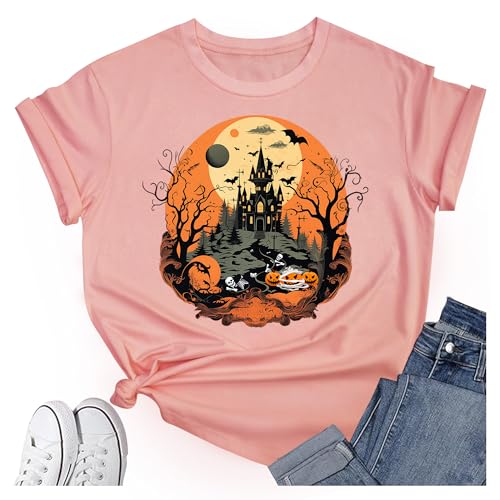 Women's Halloween Shirt: Crewneck Art Patterns Short Sleeve Halloween Party T-Shirt