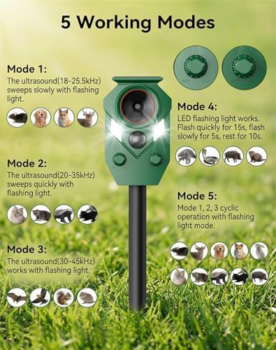 4 Pack Solar Powered Ultrasonic Animal Repellent Outdoor, Motion Activated Deer Repellent Devices with Flashing Lights, Waterproof Cat Repellent Outdoor, Repels Dog, Raccoon, Coyote for Garden & Lawn - 5