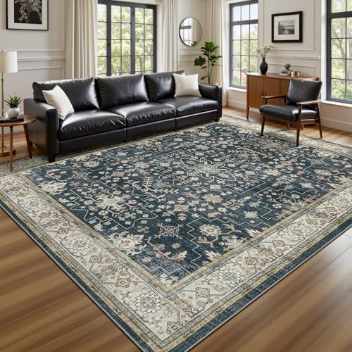 Lessymo 8x10 Area Rugs for Living Room, Washable Rug for Bedroom Dining Home Office, Soft Non-Slip Rubber Vintage Black Brown Large Carpet, Boho Distressed Floral Farmhouse Decor