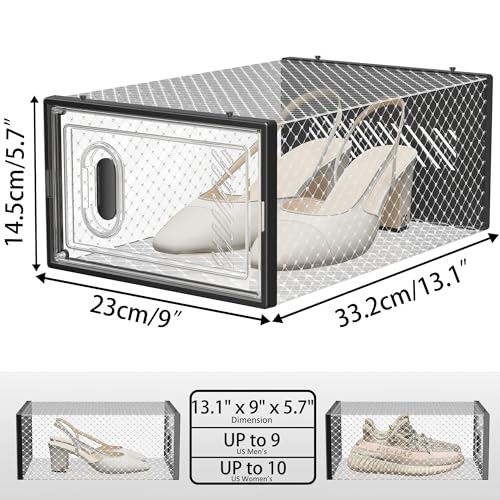 Image of SIMPDIY Shoe Storage, 12 Pack Shoe Organizer for Closet, Shoe Boxes Clear Plastic Stackable Shoe Containers with Lids for Size 10, Black