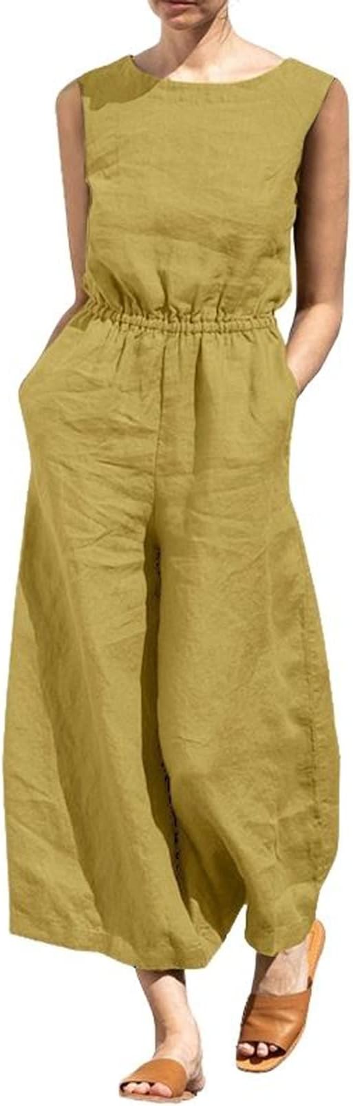 chouyatouWomen's Elegant Sleeveless Linen Jumpsuits Casual Wide Leg Jumpsuit Pants Romper