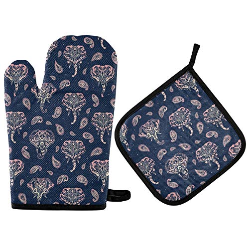 Zzxxb Ethnic Elephant Paisley Floral Oven Mitts And Pot Holders Set Of 2 Heat Resistant Non-Slip Kitchen Gloves For Cooking Baking Barbecue Grilling #TOP13