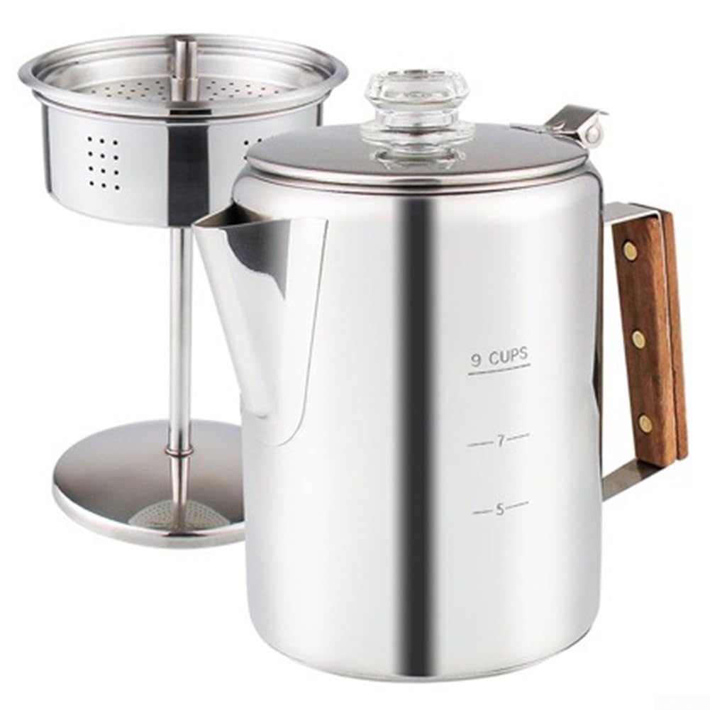 Caffè all'aperto Percolatore 9 tazze in acciaio inox piano cottura pentola per campeggio viaggi con manico ergonomico in legno