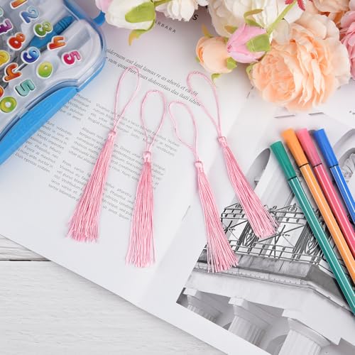 Image of 100 Pcs Bookmark Tassels Bulk Pink Soft Craft Silky Handmade Mini Tassels for Jewelry Making with Loops for DIY Craft Accessory Dress Decoration