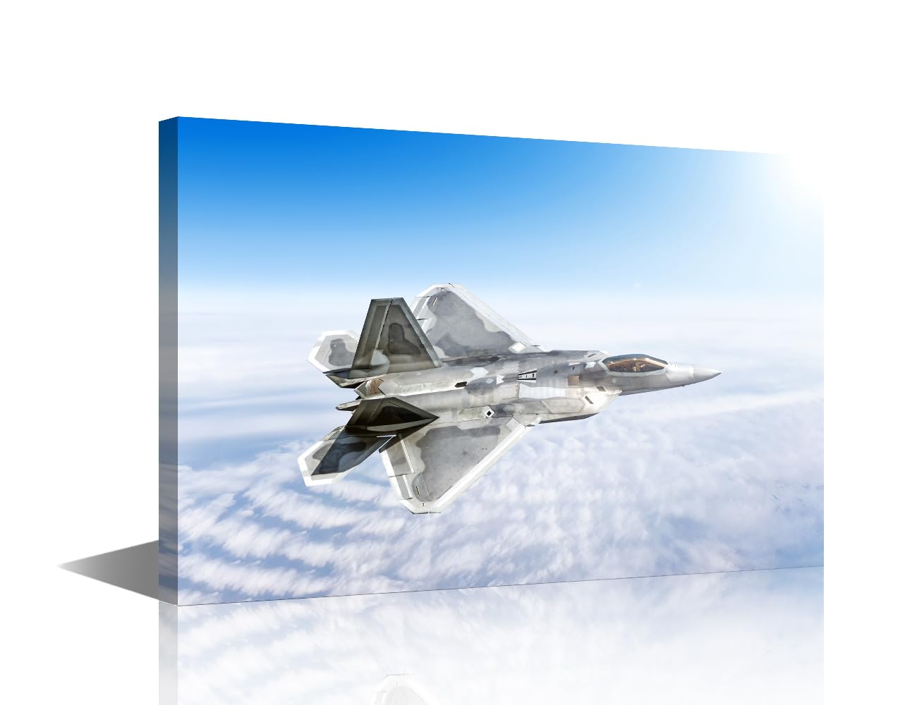 1 Panel Canvas Wall Art Military Airplane Fighter Jet Aircraft Flying High Above Cloudscape Landscape Against Blue Clouds Sky Picture Poster for Home Wall Decorations, Ready to Hang, 36"Wx24"H